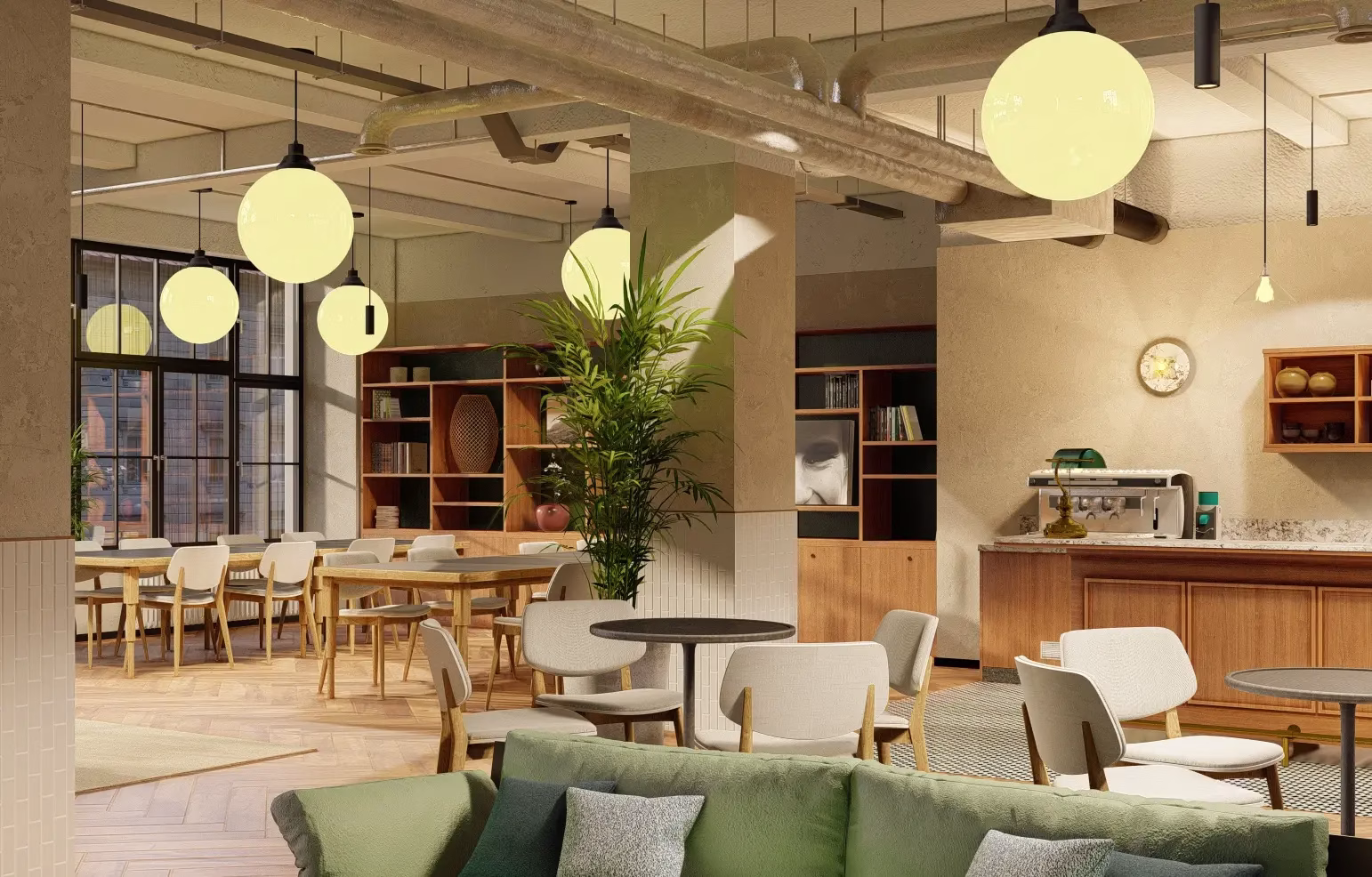 Erste Ebene des Mindspace Berlin Münzstraße – offener Office-Bereich mit Teeküche und Barista-Ecke