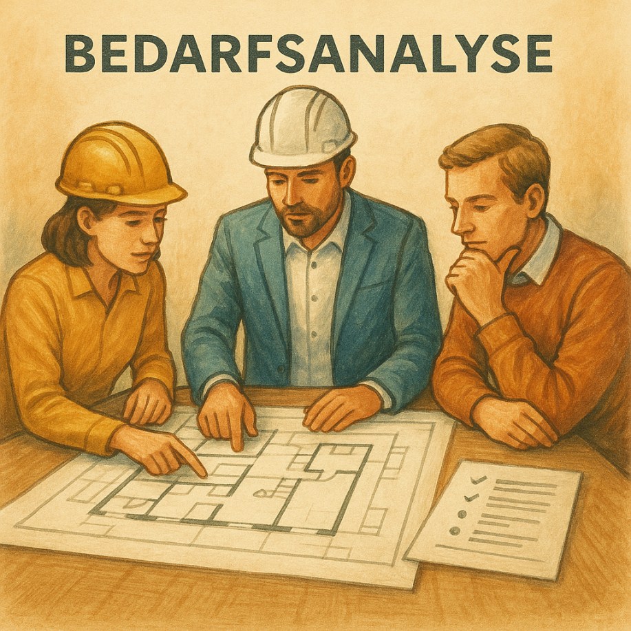 Architekten analysieren gemeinsam mit Bauherren Entwurfsunterlagen zur Bedarfsanalyse.