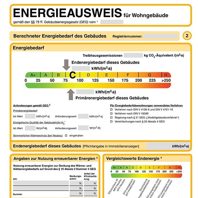 Energieausweis eines Wohngebäudes mit Effizienzklasse und Energiekennwerten