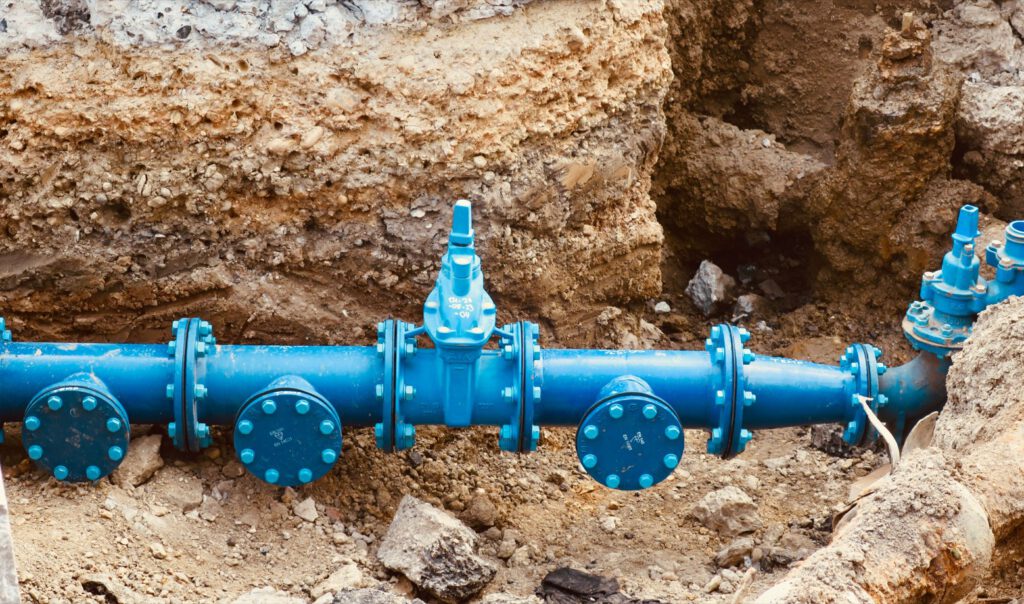 Neubaugebiet mit offenen Gräben für Strom- und Abwasserleitungen sowie unbefestigter Baustraße