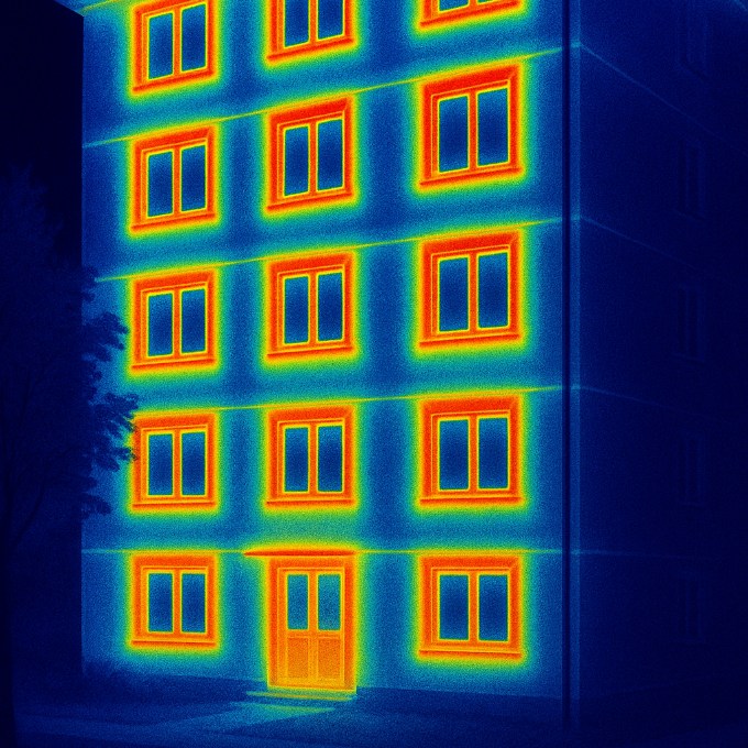 Wärmebrücke im Gebäude durch Wärmeverluste in der Thermografieaufnahme sichtbar gemacht
